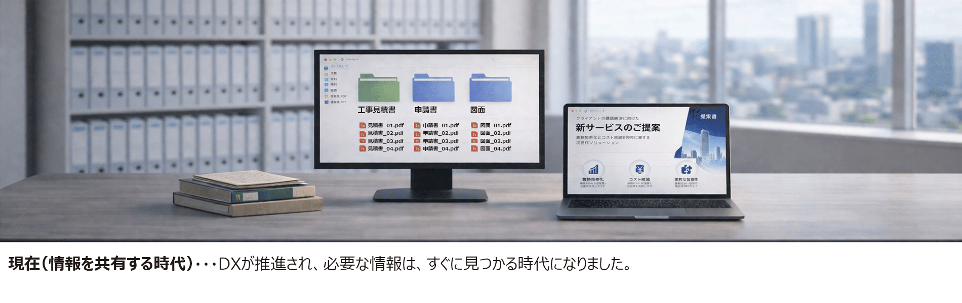 現在(情報を共有する時代)・・・ DXが推進され、紙文書の電子化で多くの情報が共有され、ドキュメントへのアクセスや検索が効率的になりました。